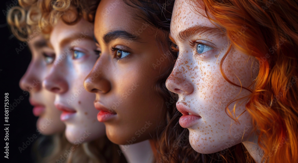 Fototapeta premium Profile side view portrait of diverse young beautiful women.Macro.AI Generative.