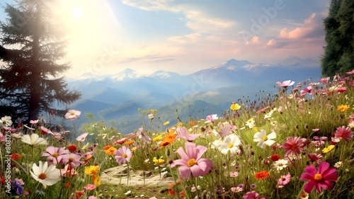 colorful blooming mountain meadow in spring