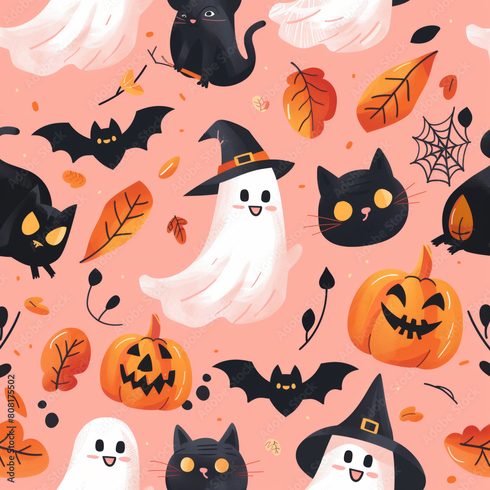 Cute halloween vector patterns: ghosts, cats, bats, spiders, witch hats, jack-o'-lanterns