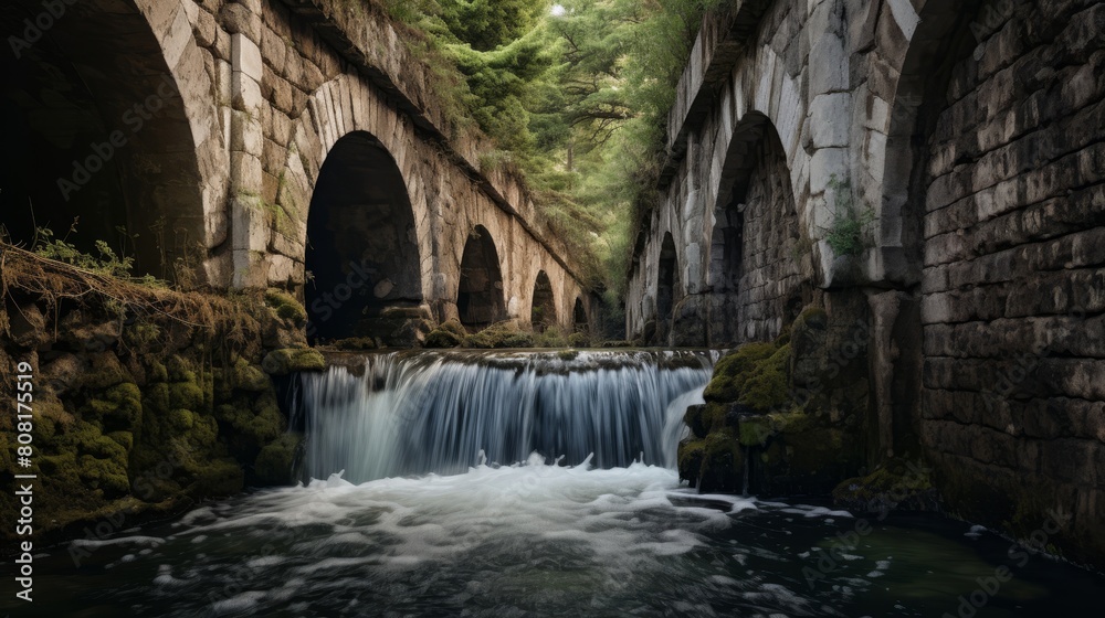 Roman aqueduct's source mountain spring gushing water into collection basin