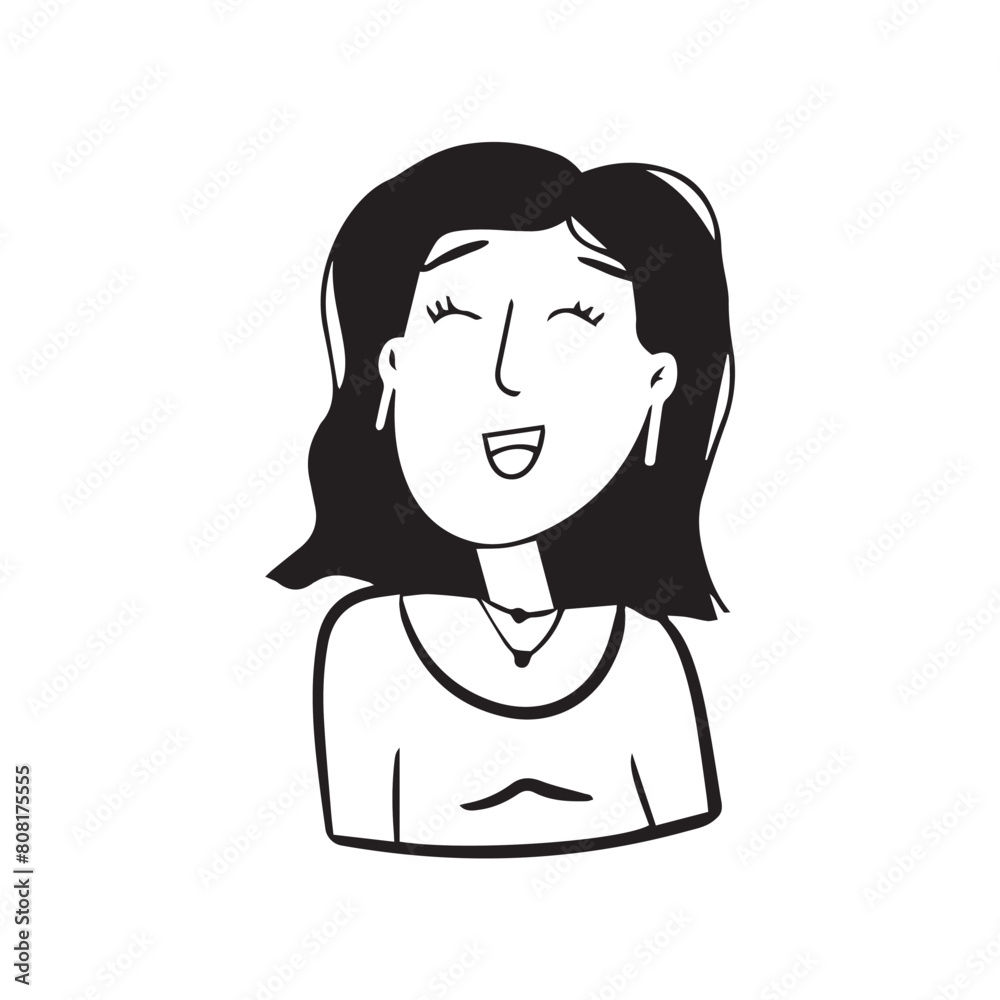 Women faces hand drawn in doodle style.Black lines and silhuette.Social network concept.Vector illustration.