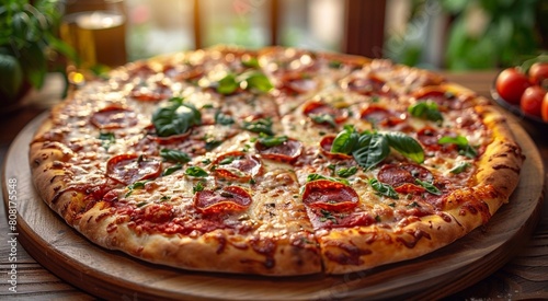 Tasty traditional deep pan pepperoni pizza on pizza table.Macro.AI Generative.