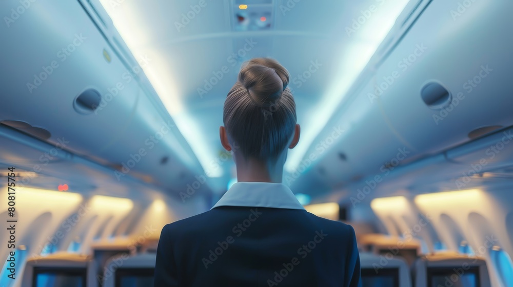 Cabin crew or air hostess working in airplane . Airline transportation and tourism concept. Cabin crew or air hostess working in airplane . Airline transportation and tourism concept.