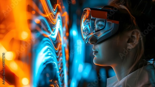 Researcher in virtual reality lab studying futuristic 3D digital screens in metaverse. Concept Virtual Reality Research, Metaverse Development, 3D Digital Screens, Futuristic Technology photo