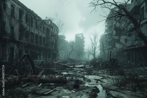 postapocalyptic city in ruins 3d rendering photo