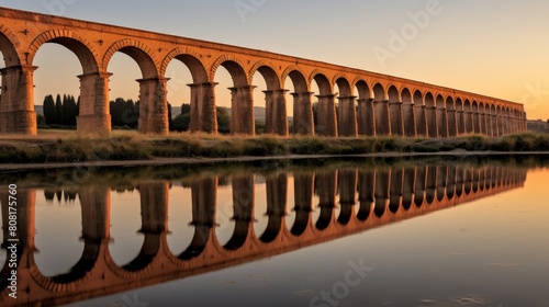 Roman aqueduct's towering pillars reflected in river below