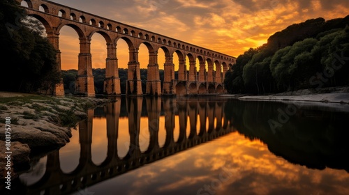 Roman aqueduct's towering pillars reflected in calm river
