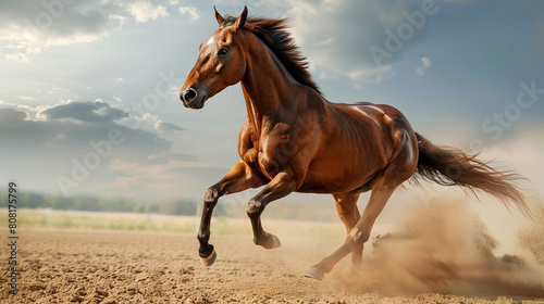A majestic horse galloping towards the finish line , photo