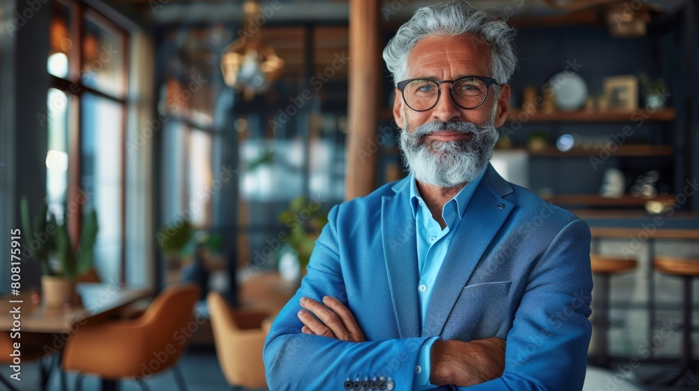 A bearded, glassed man stands before a table, arms crossed Chairs and a potted plant are nearby A bearded, glassed man stands before a table, arms crossed Chairs and a potted plant are nearby