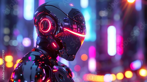 Guardian robot overlooking a neon city, futuristic protector in a world of bright lights and shadow photo
