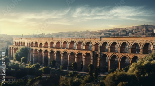 Roman aqueduct's monumental arches signify engineering feat