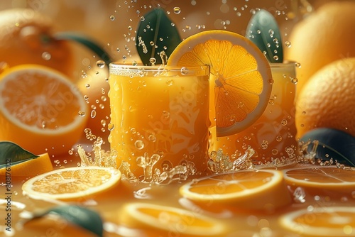 Golden hues of a fizzy orange juice glass among sliced oranges, capturing refreshing effervescence