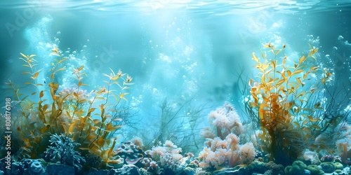 Vivid underwater scene with seaweed corals and fish in the deep ocean. Concept Underwater Photography  Deep Sea Creatures  Colorful Seaweed  Oceanic Corals  Marine Life