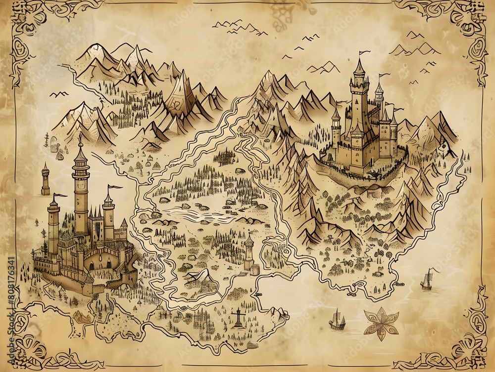 Naklejka premium Forbidden Realm:A Fantasy Map of Rebels Preserving Knowledge