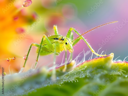 Green aphid feeding on tender plant sap in closeup details of a macro nature photography photo