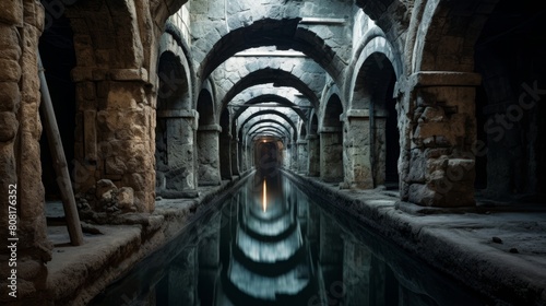 Roman aqueduct's underground chamber checks and repairs channels photo