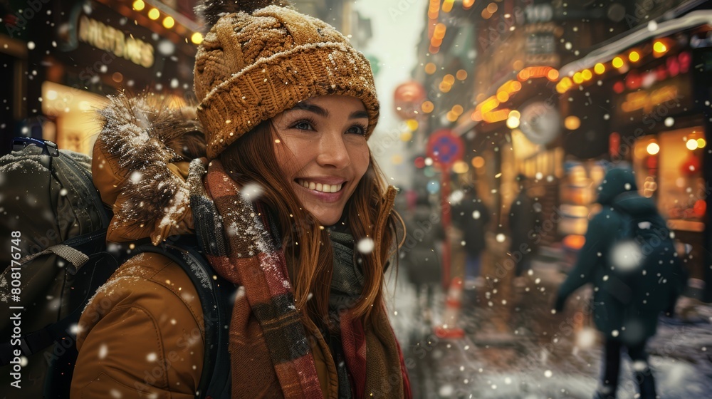 A woman, dressed for cold weather, stands with a backpack on in the snowy landscape Behind her, a man walks A woman, dressed for cold weather, stands with a backpack on in the snowy landscape Behind her, a man walks