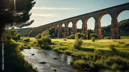 Roman aqueduct's elevated waterway flows through picturesque countryside