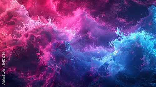 A vibrant and energetic scene of magenta and cyan waves crashing, their fierce interaction producing a visual explosion of neon brilliance. photo