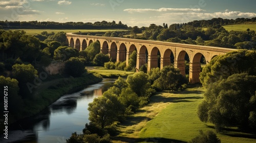 Roman aqueduct's elevated waterway curves in countryside