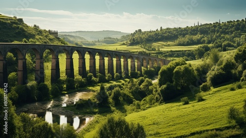 Roman aqueduct's elevated waterway meanders through countryside photo