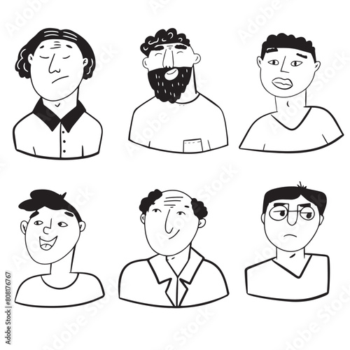 Set of people faces hand drawn in doodle style.Black lines and silhuette.Social network concept.Vector illustration.