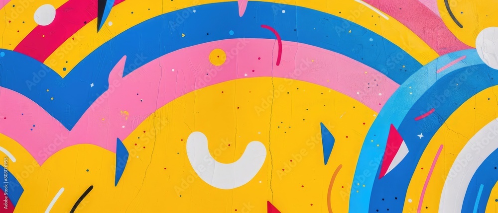 Obraz premium A risograph-style illustration bursts with color, combining magenta, yellow, and blue tones with playful rainbow shapes on a bright and cheerful background.