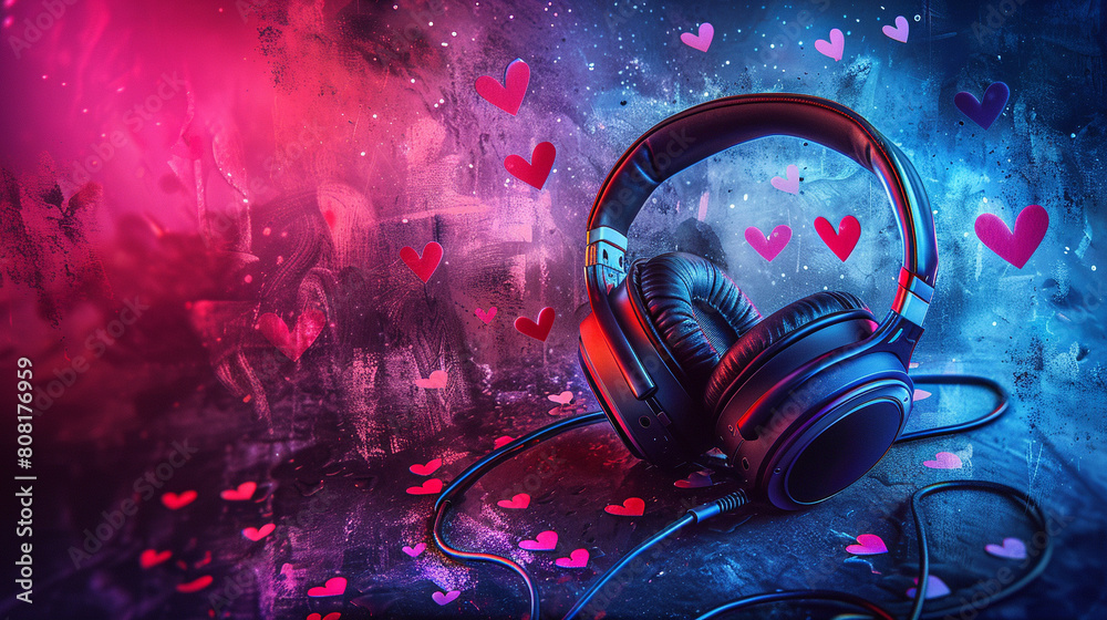Experiment with different textures and layers to create a multidimensional representation of headphones and hearts, Experiment with different textures and layers to create a multidimensional representation of headphones and hearts,