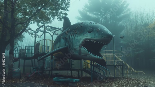 Mist rolling over a jungle gym shaped like a giant shark  playground adventures enveloped in an ethereal atmosphere