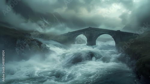 An atmospheric image of an ancient bridge with dramatic storm clouds and a violent water flow beneath © Vladan