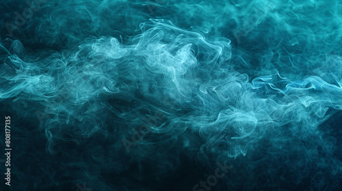 Smoke billowing in a pattern that mimics the rolling waves of the ocean  in shades of dark blue and aqua  set against a deep sea-blue background.