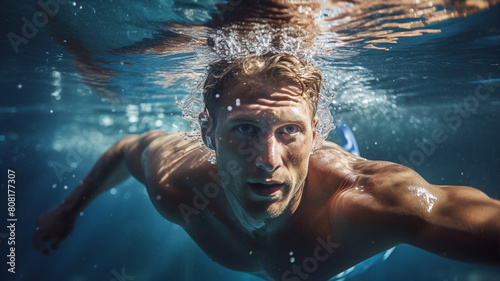 handsome young man swimming underwater in pool. underwater portrait.