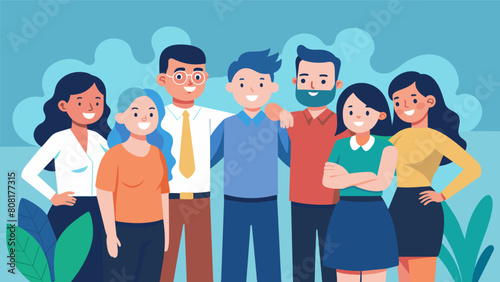 A group photo taken at the end of the workshop capturing the sense of camaraderie and empathy that has been fostered a the coworkers.. Vector illustration