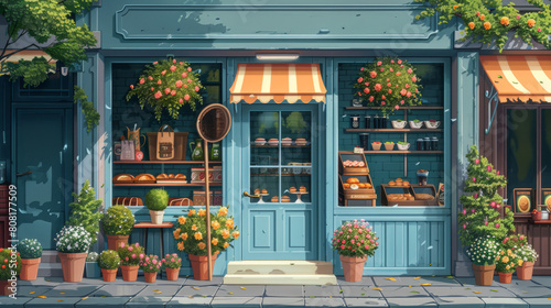 bakery storefront illustration, a delightful drawing of a cute bakery facade, featuring a vibrant sign, flower pots, and cozy displays, stirring feelings of comfort and reminiscence photo