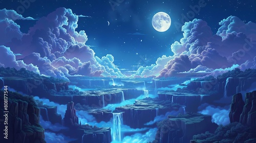 A fantasy floating islands and waterfalls cascading down into the void, under a bright photo