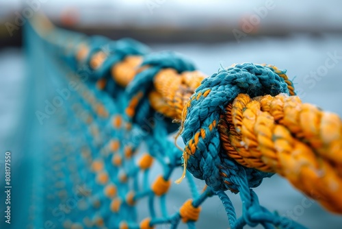 Macro shot focusing on the complexity and texture of intertwined fishing ropes and nets photo