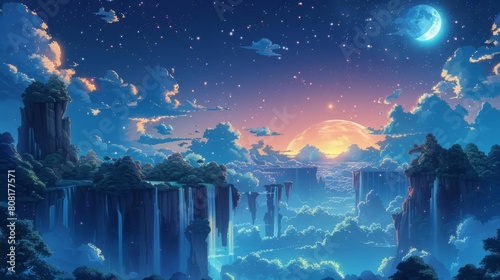 A fantasy sky filled with floating islands and waterfalls cascading down into the void, under a bright twomoon night photo