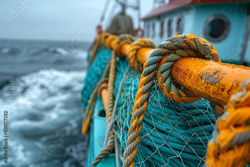 A detailed view of fishing nets and ropes tied to the boat's rail as waves crash in the background