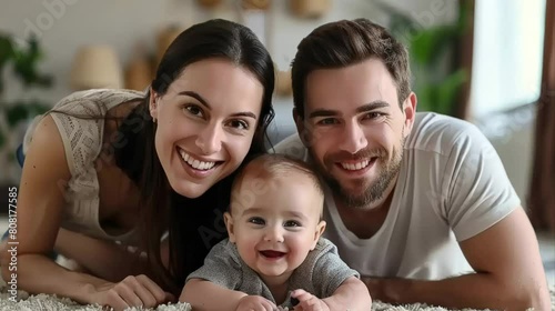 Joyous young parents and their baby smile brightly, laying on a plush rug in a well-lit living room.
