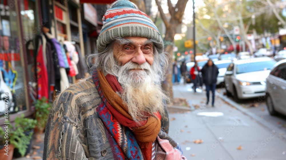   An elderly man, bearded and hat-clad, dons a scarf while standing on the sidewalk before a shop