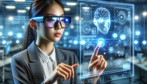 A woman wearing glasses is pointing at a computer screen with a blue face. Concept of technology and innovation, as the woman is interacting with a virtual image of a face