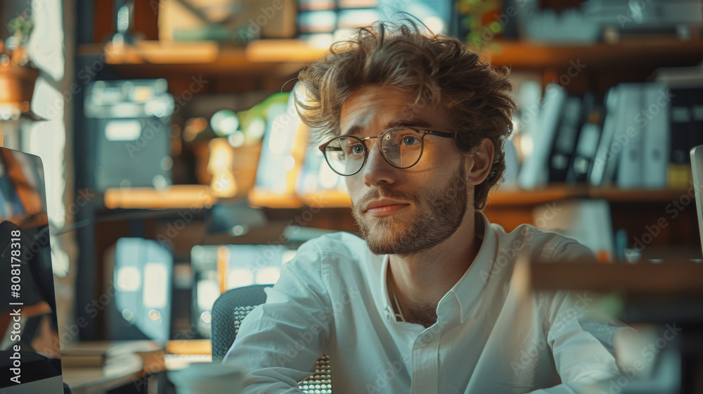 Close-up of a young man working in a bright office with a laptop. Handsome fair-haired man sitting at his desk with a laptop indoors. Close-up of a young man working in a bright office with a laptop. Handsome fair-haired man sitting at his desk with a laptop indoors.