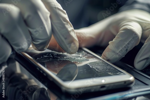 Close-up of a technician examining or repairing a smartphone. Technician's hand repairing a faulty smartphone. photo