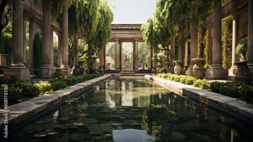 Peaceful Roman temple courtyard with reflecting pool and lush gardens