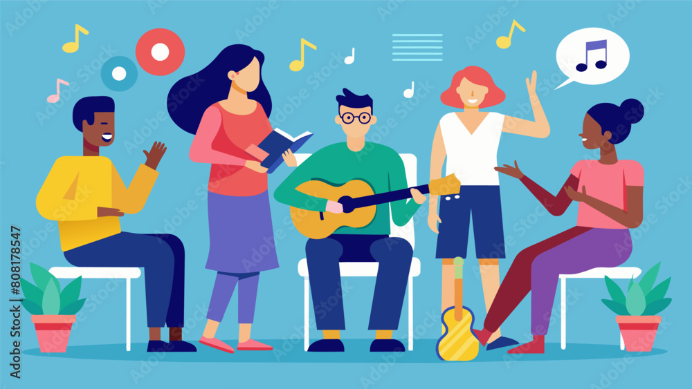 A group music therapy session for individuals with bipolar disorder incorporates a variety of musical genres and activities to support mood regulation. Vector illustration