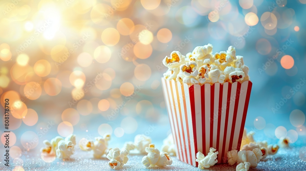   A red-and-white striped popcorn bucket with scattereds popcorn kernels and blurred background lights