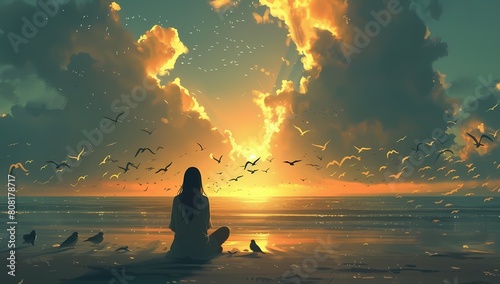 A solitary woman sits at the beach watching a breathtaking sunset with seagulls flying above the tranquil sea