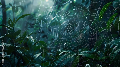Delicate Spider Web Glistening with Dew Droplets in the Lush Greenery