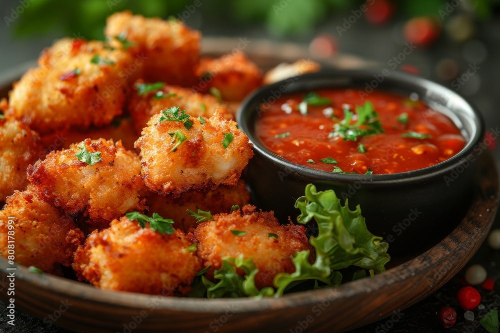 Fototapeta premium Crispy and golden fried chicken nuggets garnished with fresh parsley leaves, served with a side of savory dip