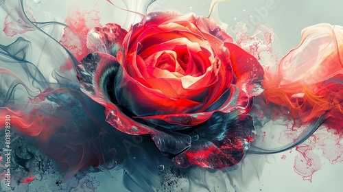 A dreamlike digital art piece featuring a surreal rose with flowing petals and abstract shapes